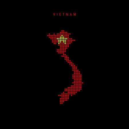 Square dots pattern map of Vietnam. Vietnamese dotted pixel map with national flag colors isolated on black background. Vector illustration.のイラスト素材