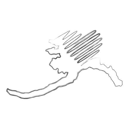 Alaska US state hand drawn pencil sketch outline map with heart shape. Continuous line drawing of patriotic home sign. A love for a small homeland. T-shirt print idea. Vector illustration.のイラスト素材