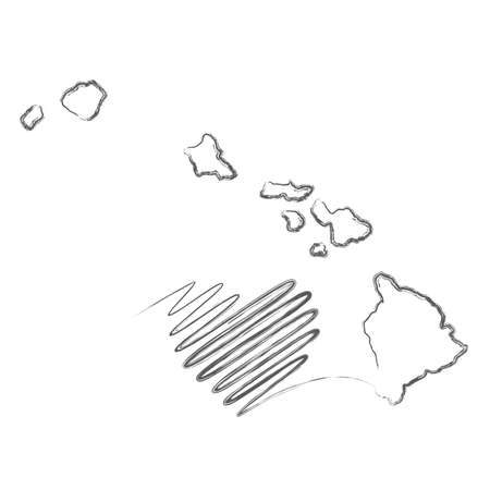 Hawaii US state hand drawn pencil sketch outline map with heart shape. Continuous line drawing of patriotic home sign. A love for a small homeland. T-shirt print idea. Vector illustration.のイラスト素材