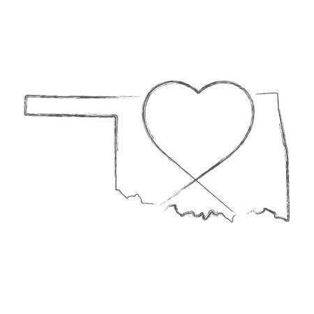 Oklahoma US state hand drawn pencil sketch outline map with heart shape. Continuous line drawing of patriotic home sign. A love for a small homeland. T-shirt print idea. Vector illustration.のイラスト素材