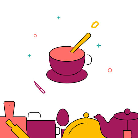 Cup, saucer and spoon filled line vector icon, simple illustration, related bottom border.のイラスト素材