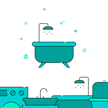 Bath with shower filled line vector icon, simple illustration, Plumbing related bottom border.のイラスト素材