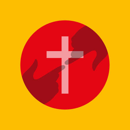 Meeting with God, with the Savior. White cross on a red circle. Two hands in touch. Church or Christian conference emblem. Flat isolated Christian vector illustration.のイラスト素材