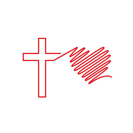 The Cross of the Lord flows into the heart. Continuous line drawing. Flat isolated Christian vector illustration, biblical background.のイラスト素材