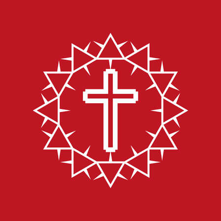 Stylized crown of thorns with cross emblem. Flat isolated Christian vector illustration, biblical background.のイラスト素材