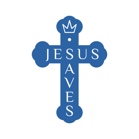 Jesus saves. Cross and crown, creative text. Lettering. Flat isolated Christian vector illustration. Biblical backgroundのイラスト素材