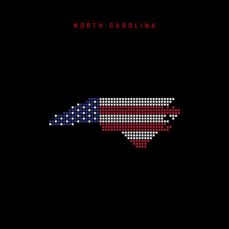 Square dots pattern map of North Carolina. Dotted pixel map with american national flag colors isolated on black background. Vector illustration.のイラスト素材