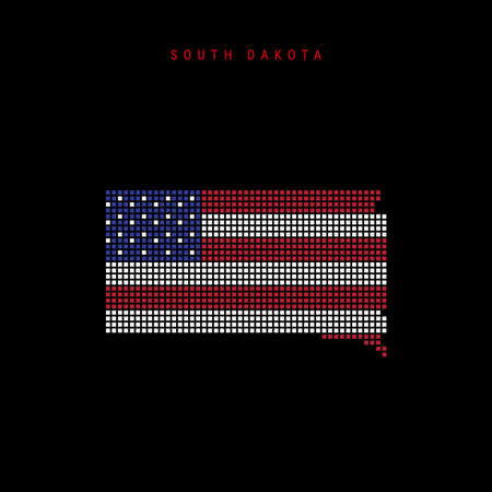 Square dots pattern map of South Dakota. Dotted pixel map with american national flag colors isolated on black background. Vector illustration.のイラスト素材
