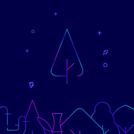 Sheared triangle park tree gradient line vector icon, simple illustration on a dark blue background, forest, garden related bottom border.のイラスト素材