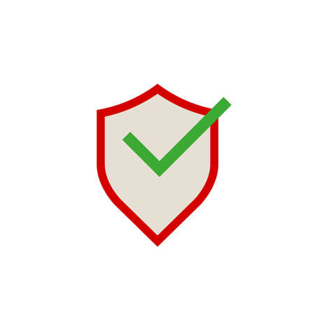 Red outline shield with green check mark, secure connection icon. Flat vector illustration isolated on white background.のイラスト素材