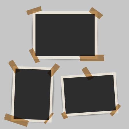 Three old photo frames with tape template. Retro 3D snapshots with white frame and sticky tape. 3D realistic vector illustration.のイラスト素材