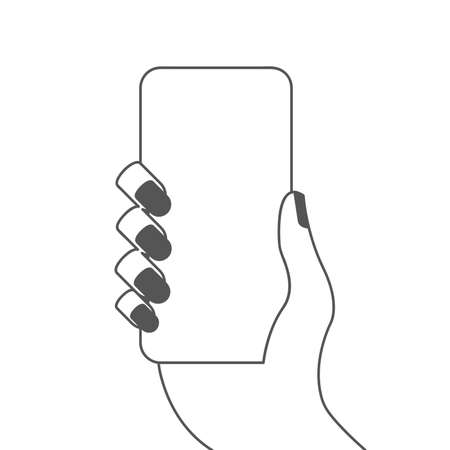 Female hand holding a smartphone with blank screen. Black manicure. Flat vector illustration isolated on white background.のイラスト素材