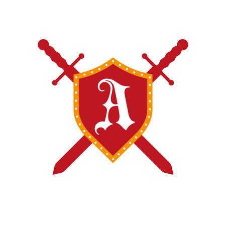 Heraldic shield and crossed swords icon. Letter A emblem template. Flat vector illustration isolated on white background.のイラスト素材