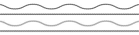 Straight and wavy rope, black monochrome silhouette and outline. Flat vector illustration isolated on white background.のイラスト素材
