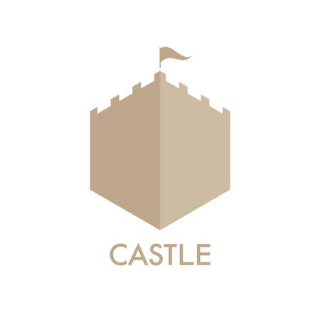 Shield shaped castle emblem. Bastion, watchtower. Fairytale fortress. Flat vector illustration isolated on white background.のイラスト素材