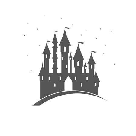 Magic multi-towered palace of the princess surrounded by the starry sky. Fairytale castle. Flat vector illustration isolated on white background.のイラスト素材