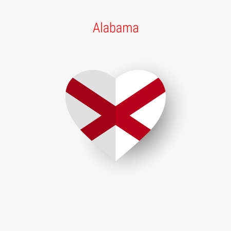 Alabama US state heart shaped flag. Origami paper cut folded banner. 3D vector illustration isolated on white with soft shadow.のイラスト素材
