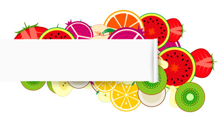 Colored chaotic fruit slices background isolated on white with paper scroll. Ready banner template. Vector illustration.のイラスト素材