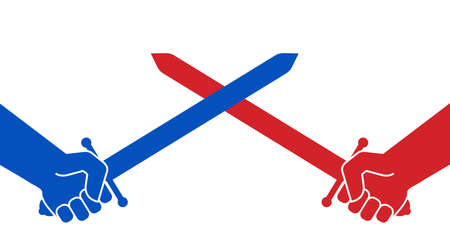 Sword fight. War. Crossed swords in the hands of opponents. The fight between good and evil. Flat vector illustration isolated on white background.のイラスト素材