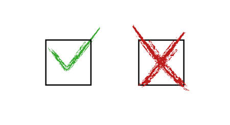 Check mark green and red hand-drawn line icons. Pros and cons, yes or not, vote for and against....