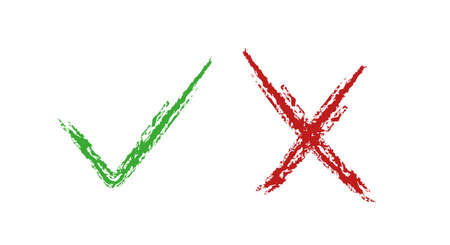 Check mark green and red hand-drawn line icons. Pros and cons, yes or not, vote for and against. Flat vector illustration isolated on white background.のイラスト素材