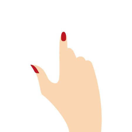 Index finger hand. Female hand with pointing finger. Red manicure. Flat vector illustration isolated on white background.のイラスト素材