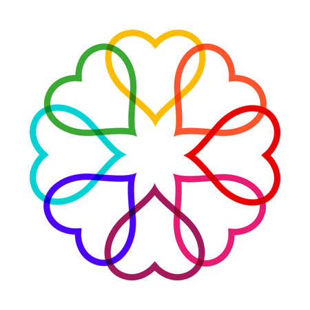 Together hearts circle wreath. Unity, union, community. Romantic round Valentines day frames. Flat vector illustration isolated on white background.のイラスト素材