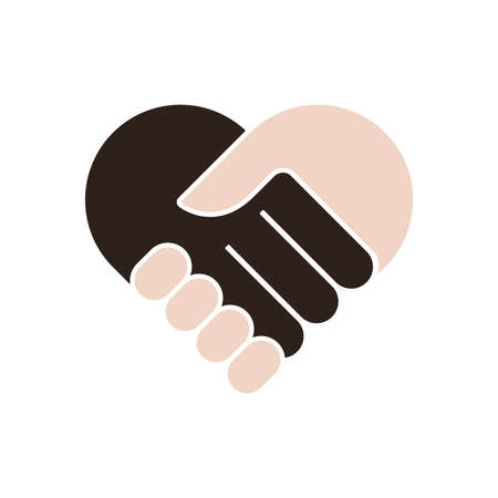 Together heart handshake. Interracial friendship, black and white hands. Flat vector illustration isolated on white background.のイラスト素材