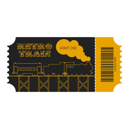 Retro train ticket. Railway Museum entrance ticket. Steam locomotive, vintage wagons, wooden bridge. Barcode, perforation. Flat vector illustration isolated on white background.のイラスト素材