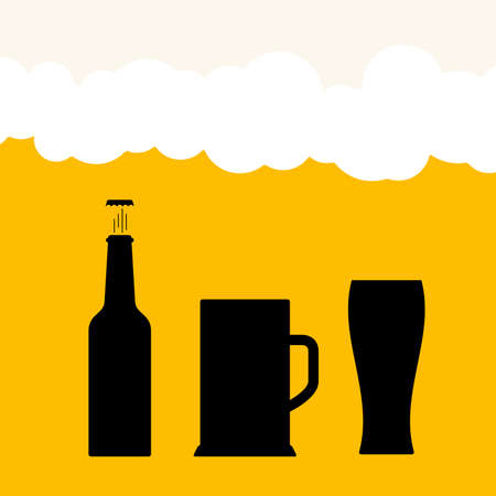 Beer bottle, mug and glass silhouettes. Yellow beer background. Oktoberfest, beer festival. Beer foam. Flat vector illustration.のイラスト素材