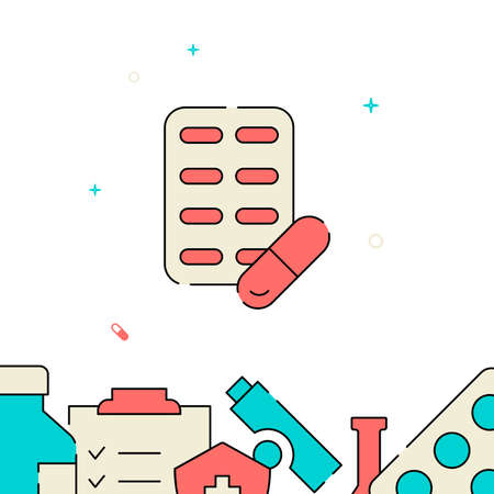 Pill packaging filled line vector icon, simple illustration, related bottom border.のイラスト素材