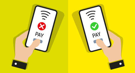 Contactless payment, hand holding NFC smartphone, payment approved and rejected. Flat vector...