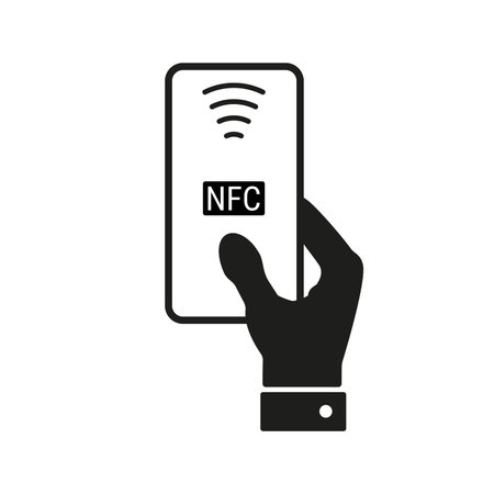 Contactless payment, hand holding NFC smartphone. Flat vector illustration isolated on yellow background.のイラスト素材
