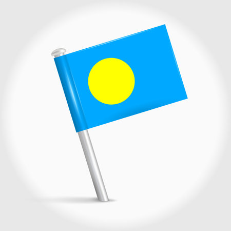 Palau map pin flag icon. Palauan pennant map marker on a metal needle. 3D realistic vector illustration.のイラスト素材