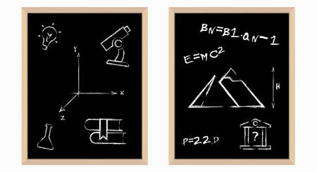 Black board with mathematical formulas and graphs. School board in a wooden frame. 3D realistic vector illustration.のイラスト素材