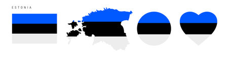 Estonia flag icon set. Estonian pennant in official colors and proportions. Rectangular, map-shaped, circle and heart-shaped. Flat vector illustration isolated on white.のイラスト素材