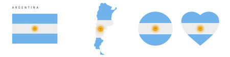 Argentina flag icon set. Argentinian pennant in official colors and proportions. Rectangular, map-shaped, circle and heart-shaped. Flat vector illustration isolated on white.のイラスト素材