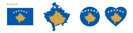 Kosovo flag icon set. Kosovan pennant in official colors and proportions. Rectangular, map-shaped, circle and heart-shaped. Flat vector illustration isolated on white.のイラスト素材