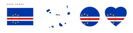 Cape Verde flag icon set. Cabo Verde pennant in official colors and proportions. Rectangular, map-shaped, circle and heart-shaped. Flat vector illustration isolated on white.のイラスト素材