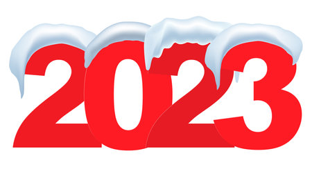 Big red numbers 2023 in the snow. New Year 2023 background. Christmas greeting card template. 3D vector illustration.のイラスト素材