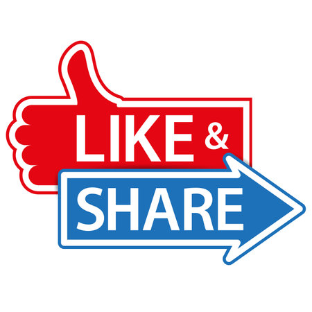 Like and share, thumbs up icon. Flat vector illustration isolated on white background.のイラスト素材