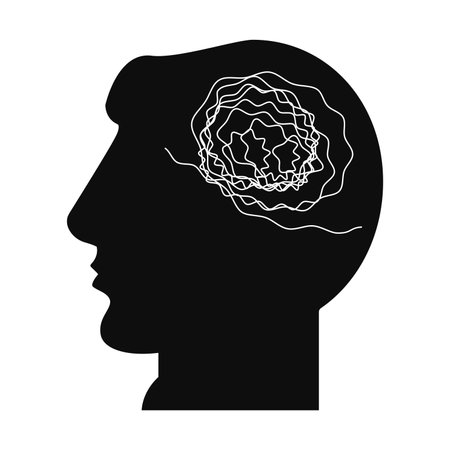 Confused thoughts. A human head with a ball of thoughts. Flat vector illustration isolated on white background.のイラスト素材