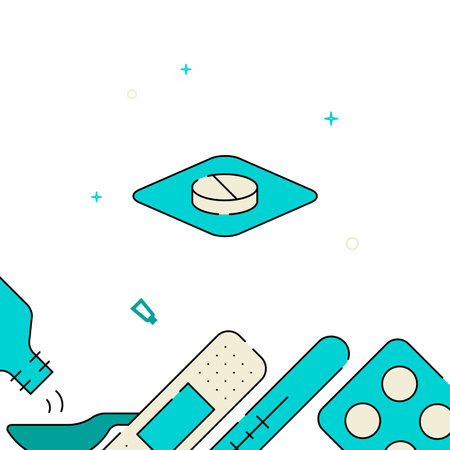 Single pill in a blister filled line vector icon, simple illustration, related bottom border.のイラスト素材