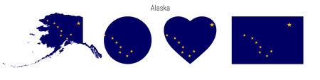 Alaska flag icon set. American state pennant in official colors and proportions. Rectangular, map-shaped, circle and heart-shaped. Flat vector illustration isolated on white.のイラスト素材