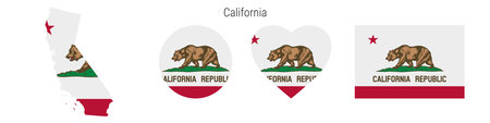 California flag icon set. American state pennant in official colors and proportions. Rectangular, map-shaped, circle and heart-shaped. Flat vector illustration isolated on white.のイラスト素材