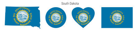 South Dakota flag icon set. American state pennant in official colors and proportions. Rectangular, map-shaped, circle and heart-shaped. Flat vector illustration isolated on white.のイラスト素材