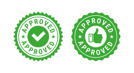 Approved green circle rubber seal stamp with tick and thumbs up. Thumbs up seal. Flat vector illustration isolated on white background.のイラスト素材