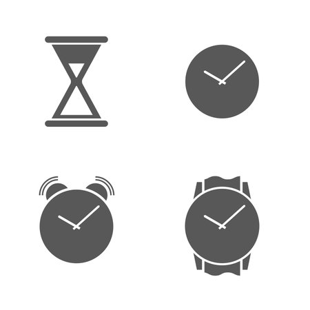 Hourglass, alarm clock, dial, wrist watch. Flat vector illustration isolated on white background.