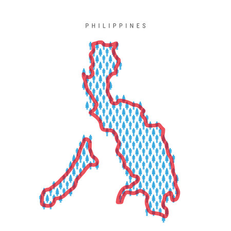 Philippines population map. Stick figures Philippine people map with bold red translucent country border. Pattern of men and women icons. Isolated vector illustration. Editable stroke.のイラスト素材