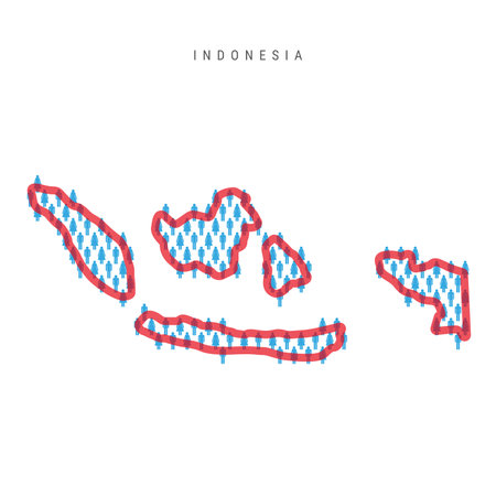 Indonesia population map. Stick figures Indonesian people map with bold red translucent country border. Pattern of men and women icons. Isolated vector illustration. Editable stroke.のイラスト素材